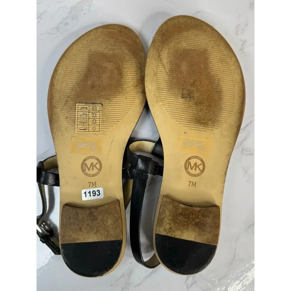 Michael Kors Sondra‎ Thong Sandals Black Leather Sandal Silver Accent Size 7